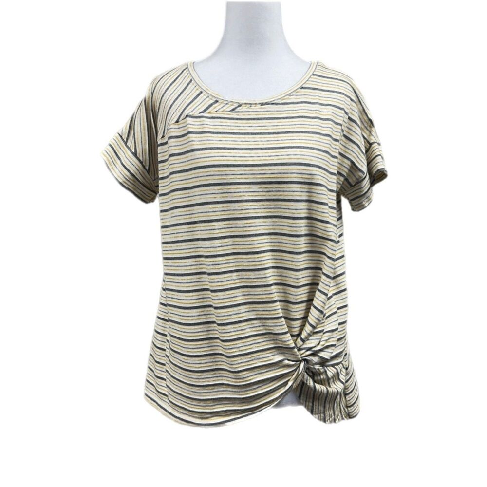 Dressbarn Striped Twist Front Short Sleeve Top Sz XL Yellow Gray